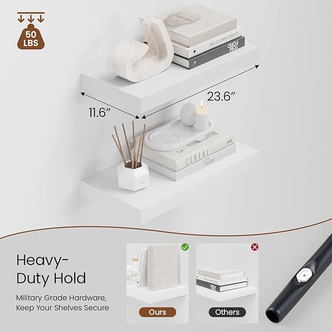 Heimlove 12" Deep White Floating Shelves for Wall, 24 Inch Shelf Bathroom Shelves Set of 2, Mounted Shelves for Books Living Room Laundry Room Bedroom Kitchen Home Office