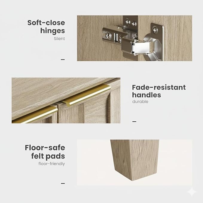 Mid-Century Sideboard Buffet Cabinet with 6×10 Embossed Checkerboard Doors, Adjustable Shelves & Soft-Close Hinges, Modern Storage Cabinet for Dining Room, Living Room, Entryway – Oak White Finish