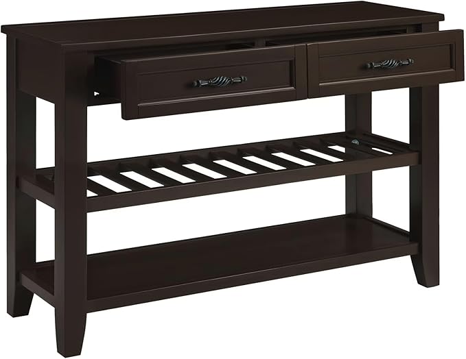 Retro Design Console Table with Two Open Shelves, Pine Solid Wood Frame and Legs for Living Room