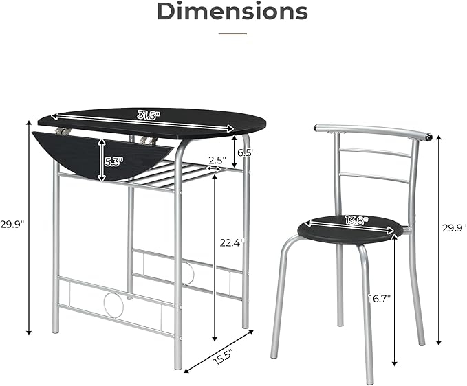 VINGLI 31.5" Drop Leaf Dining Table Set 3 Pieces for Small Space,Small Kitchen Table Set for 2,Round Folding Dining Table with 2 Chairs for Home,Kitchen,Apartment,Silver&Black