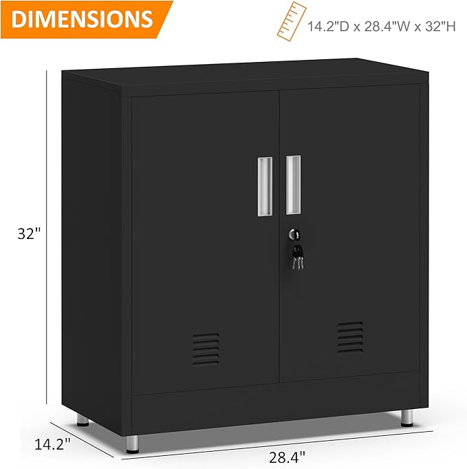 Metal Storage Cabinet with Locking Doors and Adjustable Shelf, Small Lockable Sideboard Buffet Cabinet for Home, Office, Entryway, Hallway, Living Room, Kitchen and Dining Room (Black)