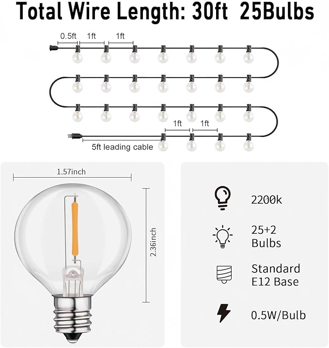 LED 30FT Outdoor String Lights with Remote Waterproof Patio Lights 27 Dimmable G40 Bulbs, Outdoor Globe String Lights Decorative Backyard Bistro Garden Balcony Cafe Lights