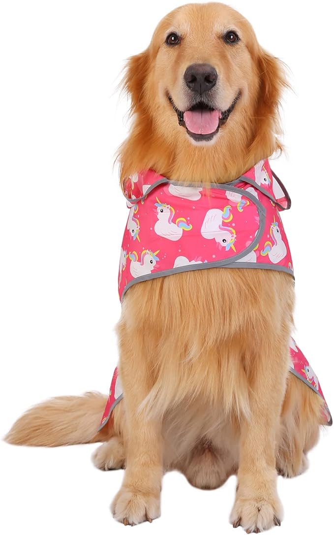 HDE Dog Raincoat with Clear Hood Rain Jacket Poncho for Small Medium Large Dogs Unicorn Ducks Pink - XL