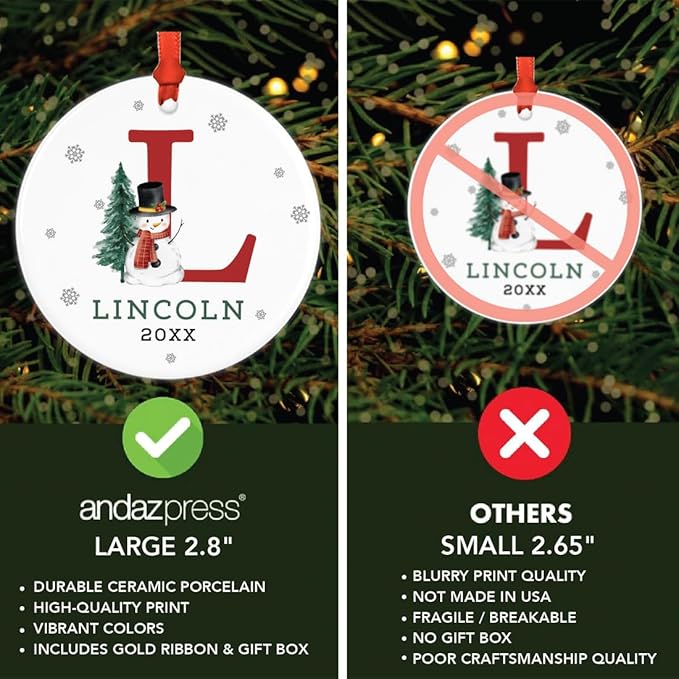 Andaz Press Personalized Ornament, Custom Name, Initial L Monogram Snowman 2.8" Ceramic Porcelain 2025 Christmas Ornament Keepsake for Kids, Boys, Girls, Includes Gold Ribbon & Gift Box, 1-Pack