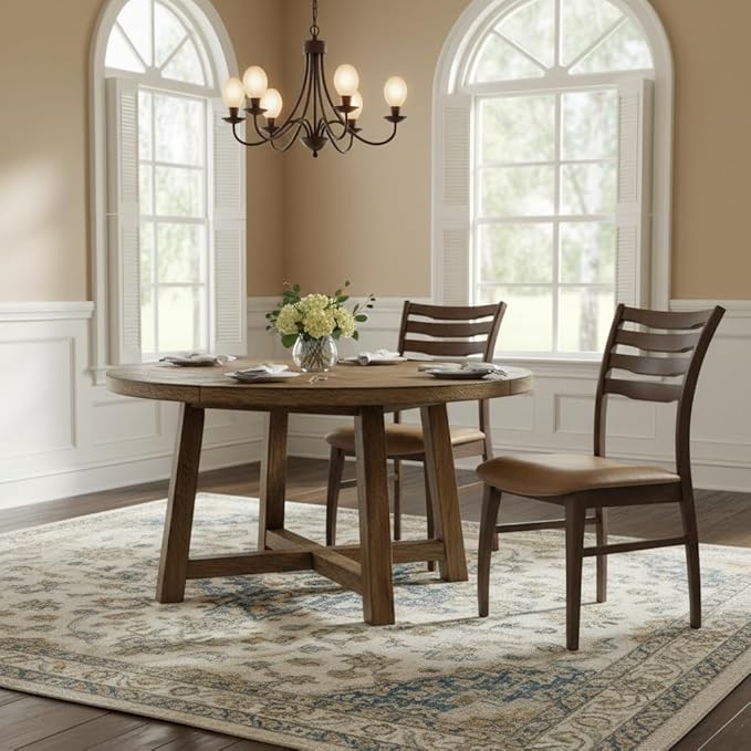 DUOMAY Farmhouse Dining Chairs Set of 4, PU Brown Upholstered Side Chairs Solid Wood Ladder Back Kitchen Chairs for Home Dining Room, Walnut Frame