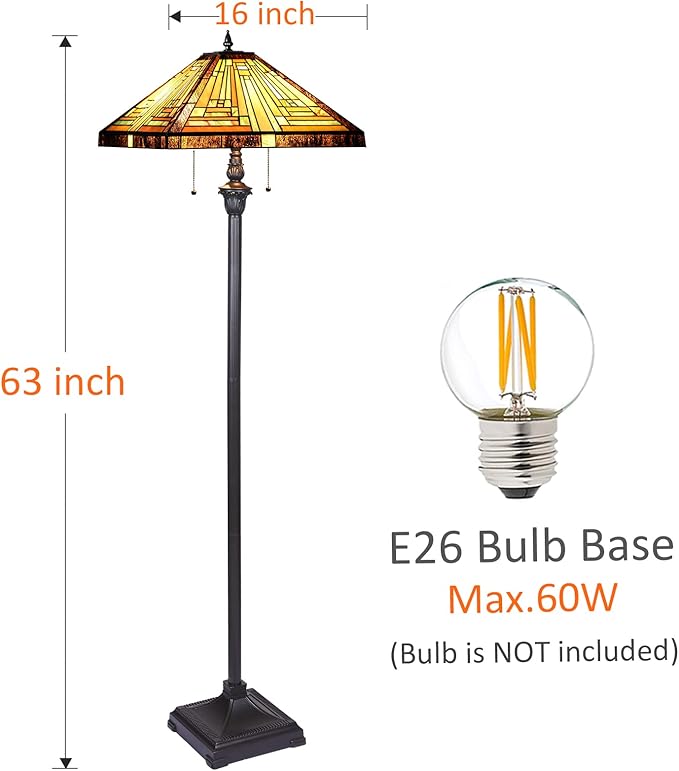 Capulina Tiffany Lamp Stained Glass Floor Lamp 2-Light 16X16X63 Inches Amber Brown Mission Antique Tiffany Style Standing Reading Lamp for Living Room Bedroom Home Office