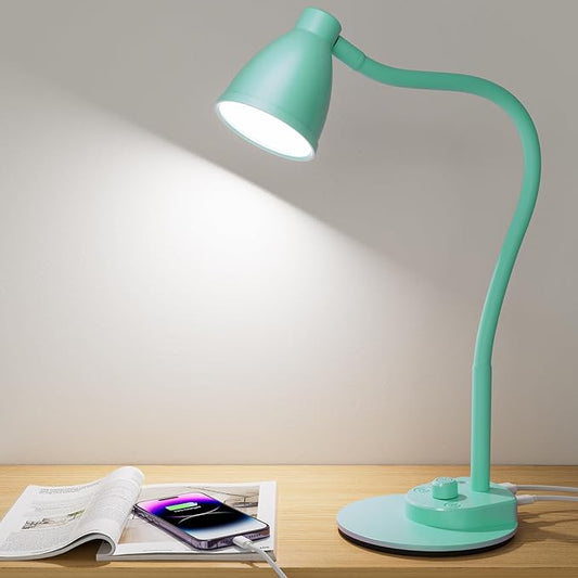 BOHON LED Desk Lamp with USB Charging Port, 3 Color Modes Fully Dimmable Reading Lamp, Auto Dimming Task Lamp, Flexible Neck Table Light for Office Dorm Bedside, Adapter Include, Teal