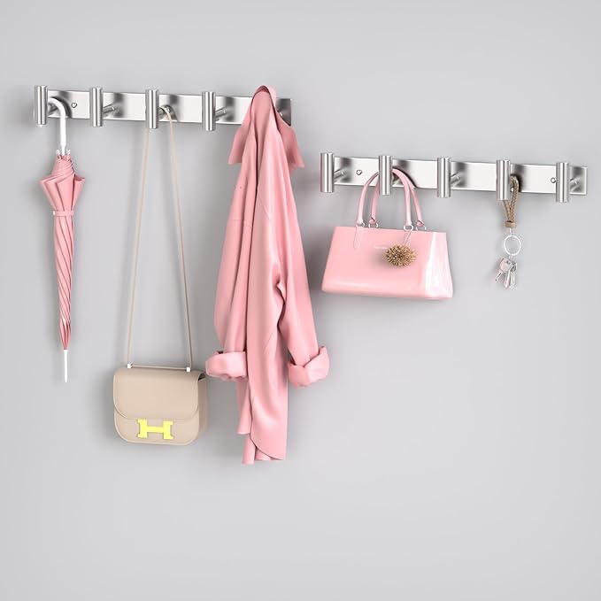 PMMASTO Coat Rack Wall Mounted, 5 "T Shaped Wall Hooks for Hanging, Heavy Duty Stainless Steel Coat Hook Rail for Hat Towel Robes in Bathroom Kitchen Mudroom Entryway (Silver, 2 Pack)