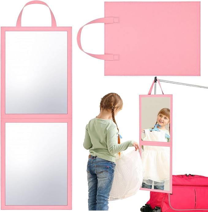 Foldable Portable Full Length Mirror for Dorm Dance Backstage Camping Travel Hanging Folding Makeup Body Mirror for Dancers Artists Home Aestheticians Spa(Pink,33.5" X 13.4")