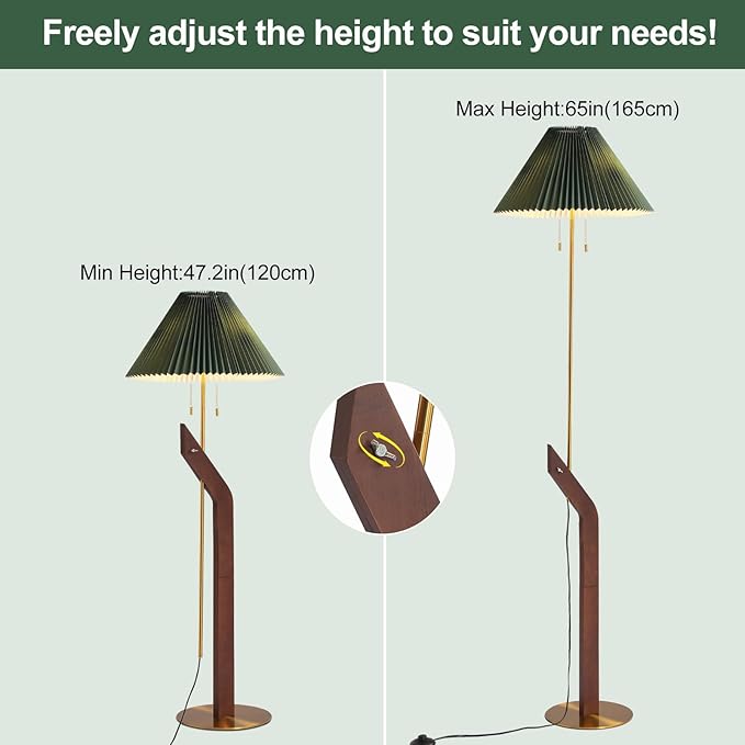 Floor Lamps for Living Room,Mid Century Modern Wood Floor Lamp,Height Adjustable Study Room,Bedroom,Office Vintage Tall Standing Glod Floor Lamp,Green Pleated Lampshade