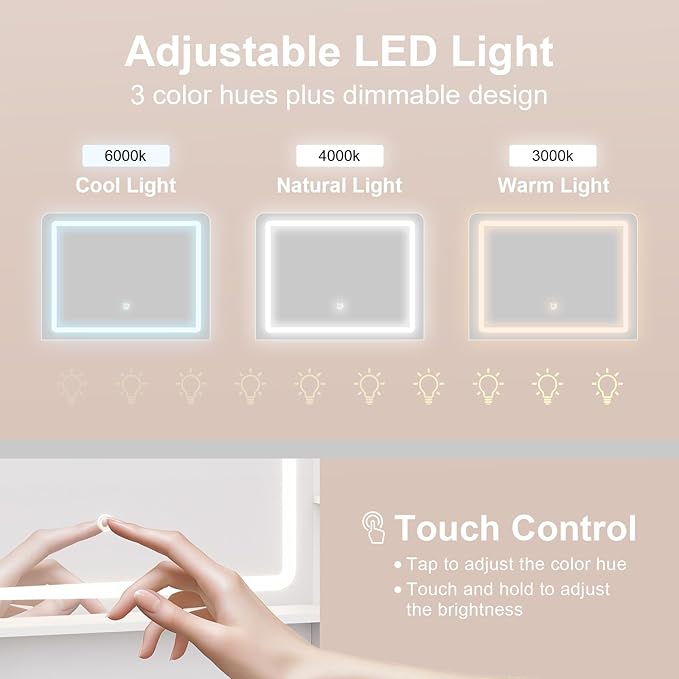 Vanity Table with LED Mirror & Power Outlet - 5 Open Shelves, 4 Drawers - Includes Padded Stool - Ideal Bedroom Makeup Dressing Table （White）