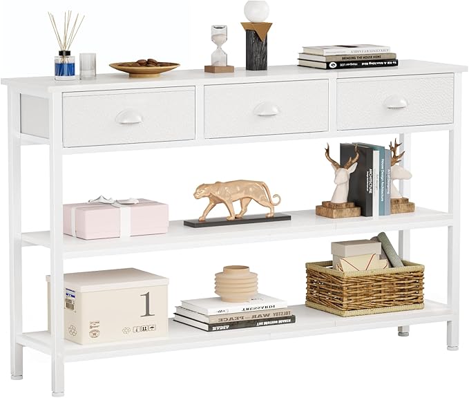 Furologee White Long 47" Console Sofa Table with 3 Drawers, Entryway Table with 3-Tier Storage Shelves, Display Shelf for Entry Way, Hallway, Couch, Living Room, Kitchen, Foyer