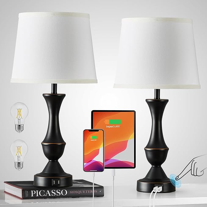 Luvkczc Touch Table Lamps Set of 2, 22" Tall Bedside Lamps with USB C+A Ports,Dimmable Nightstand Lamps, Table lamp for Bedrooms, Living Room, Office, Black Lamp with White Lampshade, Bulbs Included