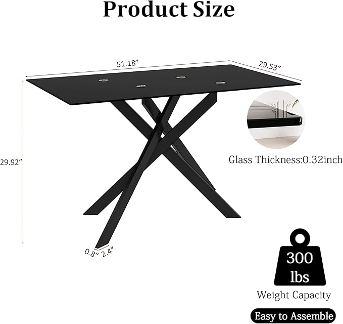 51.2" Black Glass Dining Table, Modern Kitchen Table for 4-6 People, Contemporary Rectangular Dining Room Dinner Tables with Black Glass Top & Black Metal X Legs for Kitchen Apartment