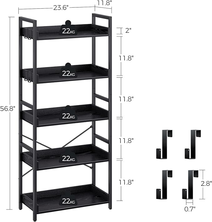 Rolanstar Bookshelf 5 Tier with 4 Hooks, Industrial Wood Bookcase, Vintage Storage Rack with Open Shelves, Rustic Standing Bookshelves Wood Frame Display Rack for Living Room, Bedroom, Black