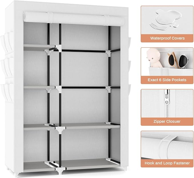 VTRIN Wardrobe Closet, 41.7 Inch Wide Portable Closets for Hanging Clothes with 1 Hanging Rod, 6 Shelves, 6 Pockets, Clothes Rack with Cover Portable Wardrobe Closet for Bedroom, Dorm, White