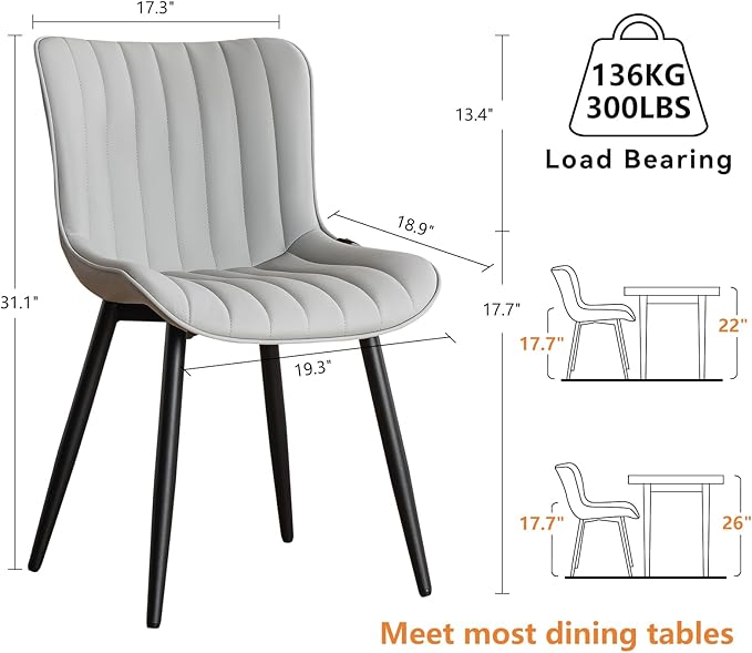 YOUNUOKE Mid-Century Modern Dining Chairs Set of 2, Grey PU Leather Upholstered Kitchen Chairs with Black Metal Legs, Armless Accent Chair for Dining Room, Guest Reception Room