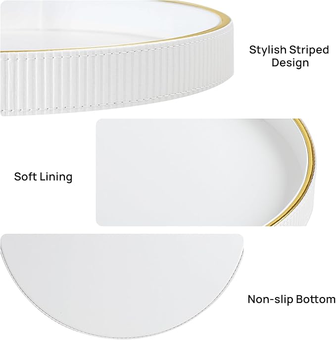 Round Decorative Tray for Coffee Table Decor, PU Leather Coffee Table Tray Golden Trim for Home Decor Living Room Dining Table, Perfume Trays Nightstand Organizer (White)