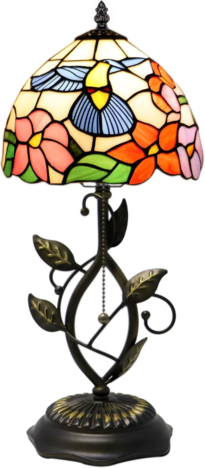 Small Tiffany Lamp Hummingbird Style Stained Glass Table Lamps Desk Bedside Reading Light 8X8X18 Inches with Bronze Metal Leaf Resin Base