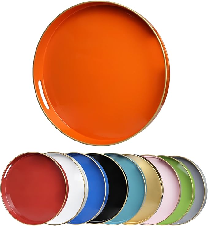 Orange Round Decorative Tray with Handles, 13" Elegant Coffee Table Serving Tray for Ottoman Living Room, Bathroom, Outdoors, Breakfast