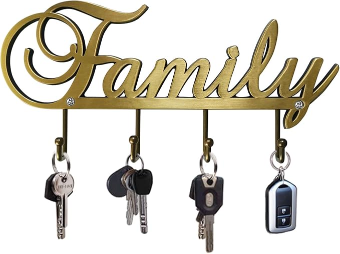 Myartte Key Holder- Key Hooks Decorative for Wall Decorative Zinc Alloy Key Organizer Rack with 4 Hooks -with Screws (Antique Brass Family)