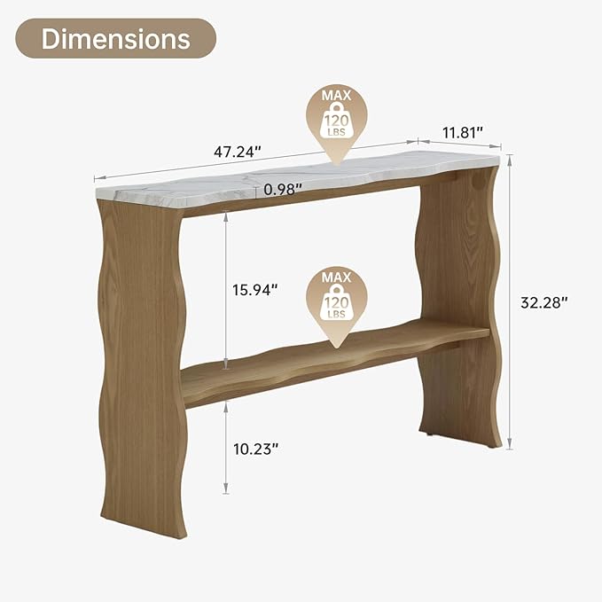 47-Inch Long Console Table, Marble Wooden Rectangular Sofa Table Behind The Couch, with Storage Shelf, Farmhouse Entryway Table for Entrance, Hallway, Living Room (Marble+Wood)