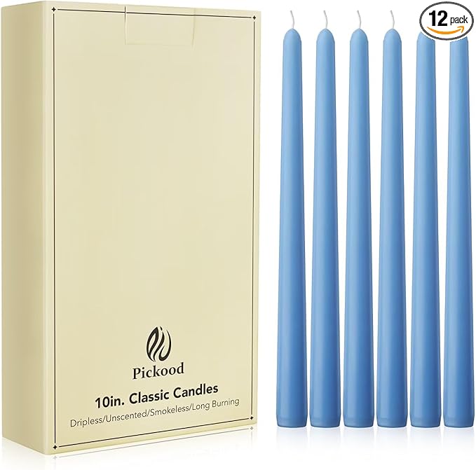 New Burning Formula Unscented Dripless 10-Inch Taper Candles Set of 12 - Light Blue, for Wedding, Dinner - Smokeless, Long Burning - Hand Poured, Colored Tall Candlesticks - Azul Claro