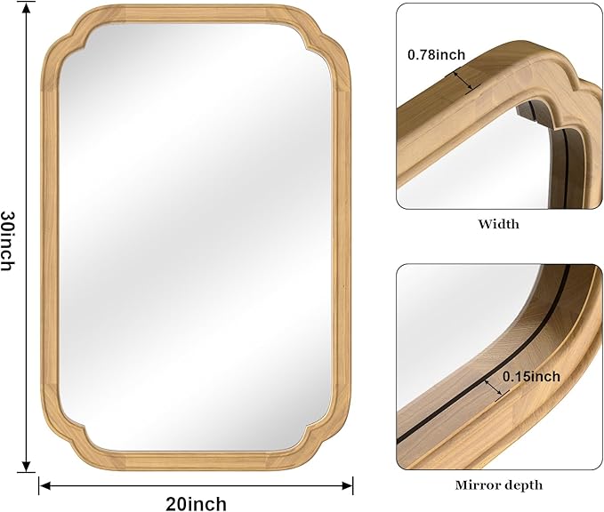 WallBeyond 20" x 30" Wood Mirror Rounded Corner Arch Wall Mirror with Wood Frame for Entryway, Living Room or Bedroom Home Decor [20" x 30" Natural Color]