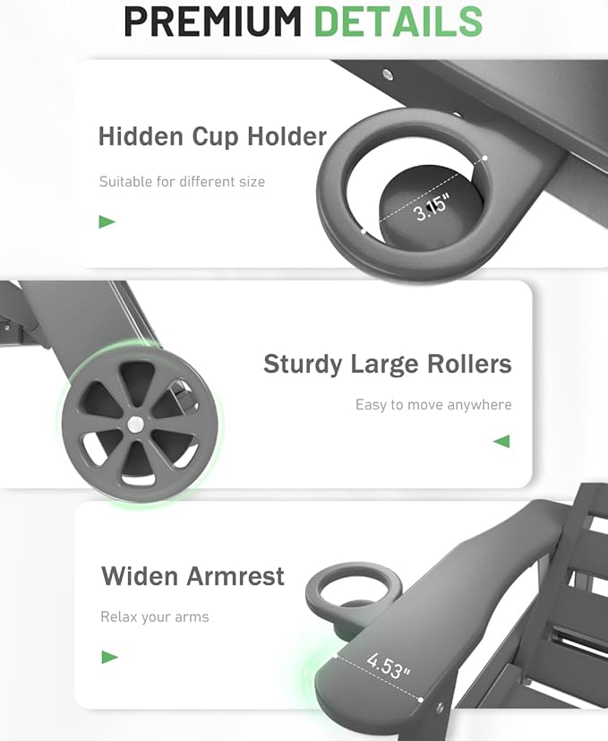 Modern Grey Polypropylene Lounge Chair Outdoor, 6-Position Adjustable Chaise Lounge with Wheels, Cup Holder, for Pool, Patio, Backyard