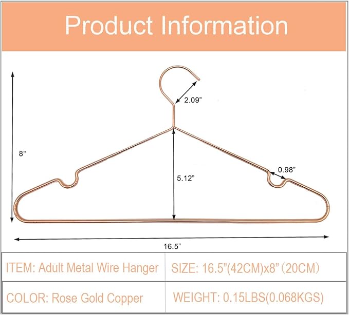 16.5" Rose Gold Copper Clothes Hangers - 30 Pack,Heavy Duty Strong Metal Hanger for Storage Display Sling Organization of Coat Shirts Dresses Jacket Elegant Standard Suit Accessory