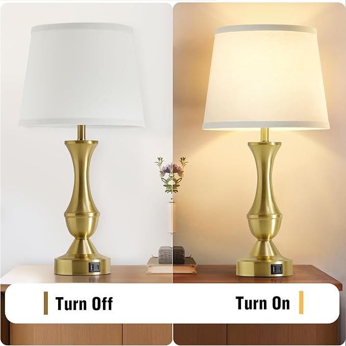 Luvkczc 22" Gold Table Lamps Set of 2 - Modern Luxury Bedside Lamps with White Fabric Shade, Dimmable & Dual USB C+A Ports, Nightstand Lamps for Bedroom/Living Room (Bulb Included)