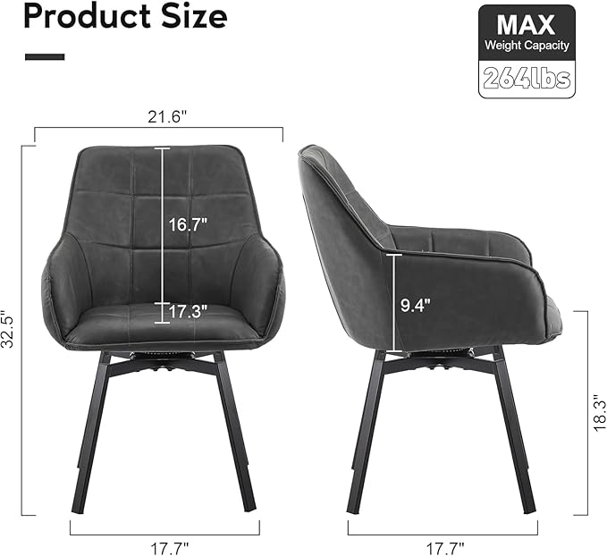 TUKAILAi Swivel Dining Chairs Set of 2, Faux Leather Upholstered Mid Century Accent Chairs with Metal Legs, Rotatable Kitchen Chair for Home Office Kitchen Restaurant (Grey)