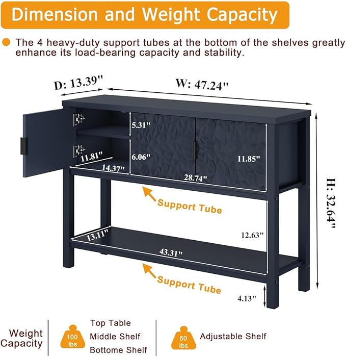 FATORRI Console Table for Entryway, Modern Sofa Table with Storage, Entry Tables with Shelf for Living Room Hallway (47.24 Inch Wide, Navy Blue)