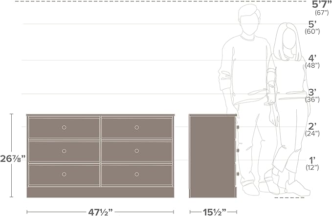 Prepac Astrid 6 Drawer Double Dresser for Bedroom, Wide Chest of Drawers, Bedroom Furniture, Clothes Storage and Organizer, 15.5" D x 47.5" W x 26.85" H, White