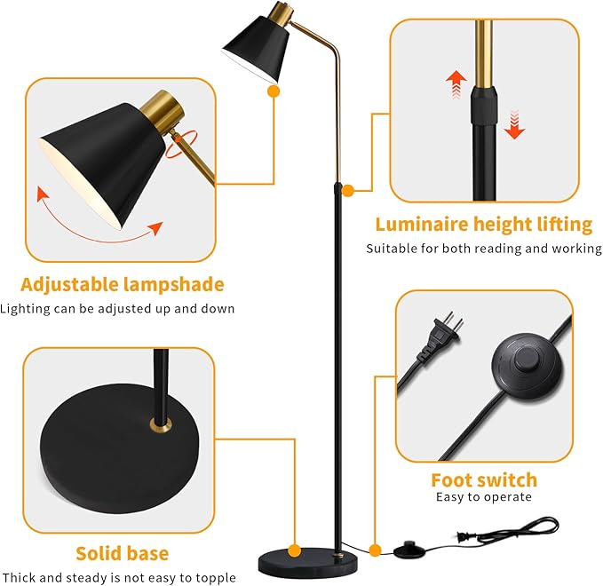 Dimmable Black Vintage Floor Lamps for Living Room Sofa Corner Bedroom Bedside Office,Unique Adjustable Standing Tall Reading Lights with Bright 12W LED Bulb, Modern Industrial Minimalist Home Decor