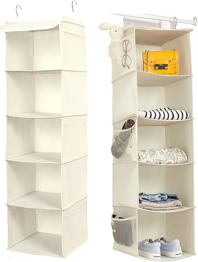 5 Shelves Hanging Closet Organizer, 2 Pack Hanging Storage with 6 Side Pockets for Clothes Shoes, 43"x12"x12"(Beige)