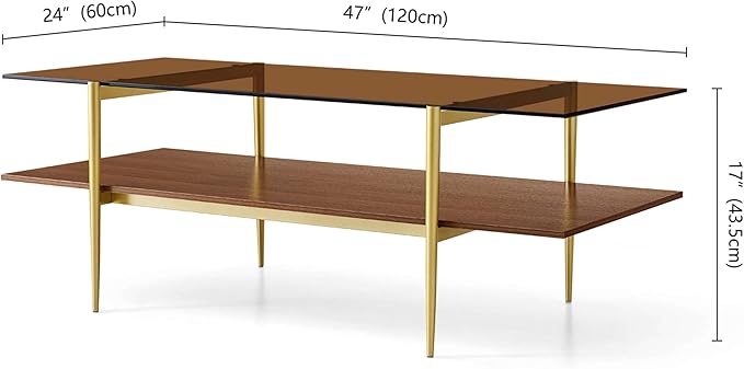 Extra Large Rectangle Glass Coffee Table, Mid-Century Modern Design for Living Room, L47 x W24 x H17, Amber Glass Top and Walnut MDF Shelf, Sleek Conical Metal Legs with Gold Finish