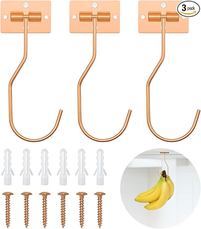 Banana Hanger Hook – Space Saving Banana Holder Hanger to Keep Bananas Fresh, Self Adhesive and Screw Banana Hook 3Pack Rose Gold