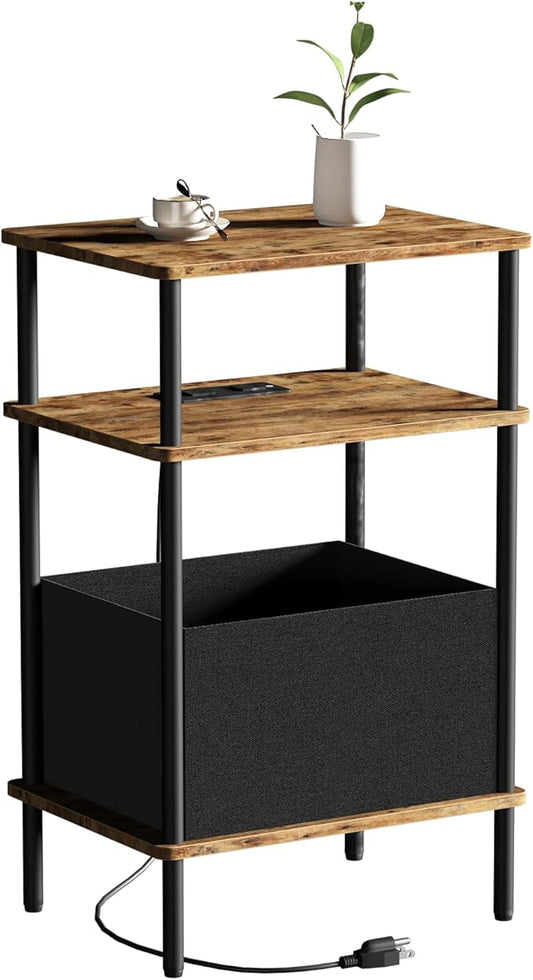 Small Side Table with Charging Station, End Table for Small Spaces, Slim Nightstand with Outlet,Sofa Beside Table, 3-Tier Storage Shelf,Living Room, Bed Room, Rustic Brown