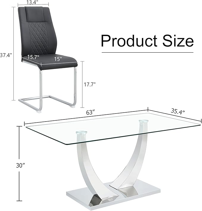 AZmac 63” Glass Dining Room Table Set for 4, Modern Kitchen Table and Chairs Set of 4, Dining Sets with Rectangular Tempered Glass and Sturdy Silver Chrome Base, for Kitchen Home