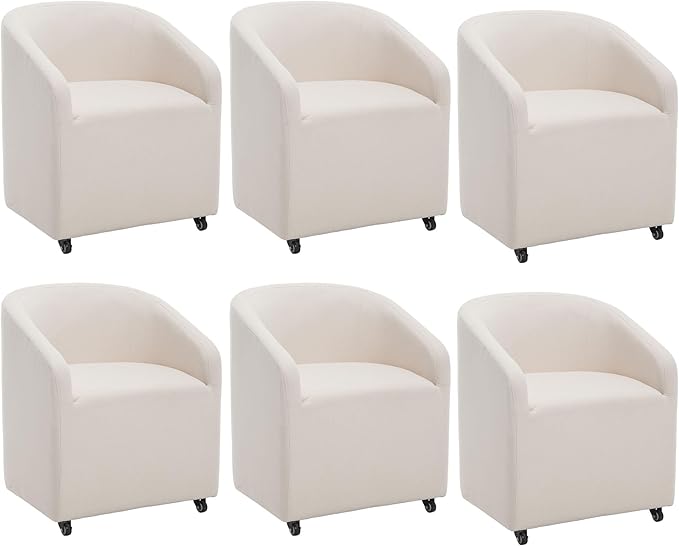 Set of 6 Modern Upholstered Dining Chairs with Swivel Casters, Linen Barrel Back Accent Side Chair for Dining Room Living Room, Beige