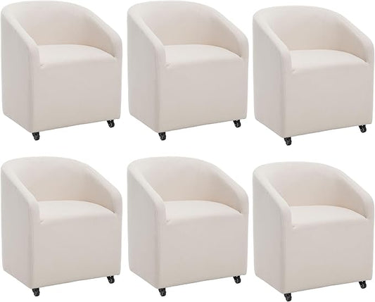 Set of 6 Modern Upholstered Dining Chairs with Swivel Casters, Linen Barrel Back Accent Side Chair for Dining Room Living Room, Beige