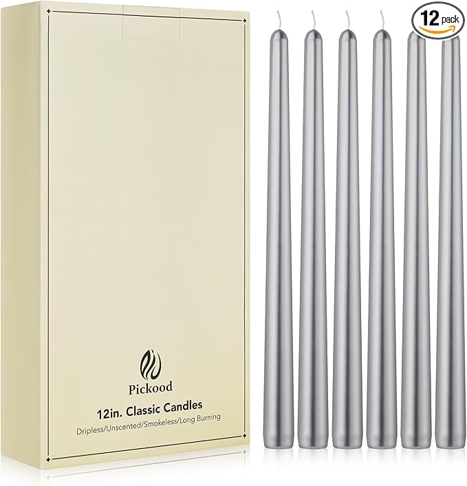 New Burning Formula Unscented Dripless 12-Inch Taper Candles Set of 12 - Silver, for Wedding, Dinner - Smokeless, Long Burning - Hand Poured, Colored Tall Candlesticks - Plata