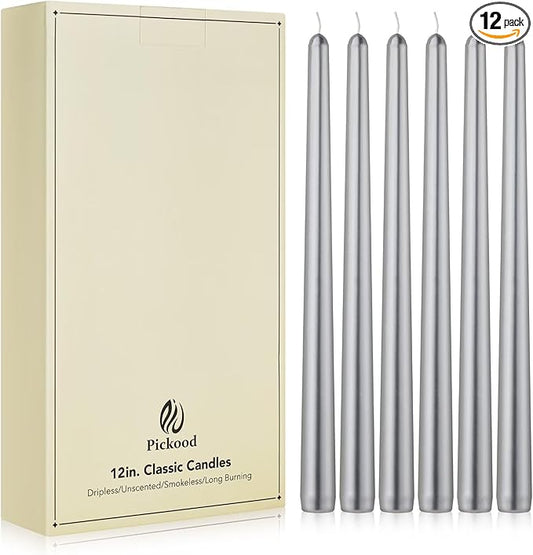 New Burning Formula Unscented Dripless 12-Inch Taper Candles Set of 12 - Silver, for Wedding, Dinner - Smokeless, Long Burning - Hand Poured, Colored Tall Candlesticks - Plata