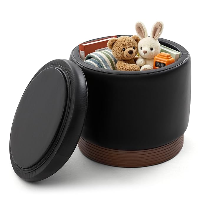 Round Storage Ottoman,Swivel Vanity Stool-Leather Foot Rest,Upholstered Footstool Pouf with Sturdy Acacia Wood Frame(500 lbs),Small Coffee Table & Hidden Storage Ottoman for Living Room