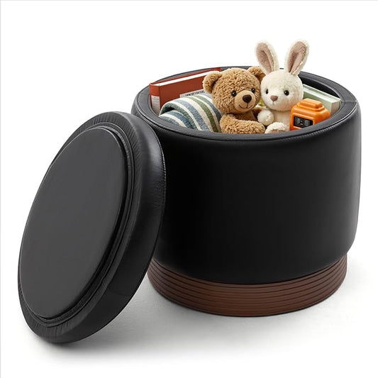 Round Storage Ottoman,Swivel Vanity Stool-Leather Foot Rest,Upholstered Footstool Pouf with Sturdy Acacia Wood Frame(500 lbs),Small Coffee Table & Hidden Storage Ottoman for Living Room