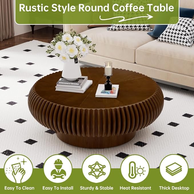 Brown Round Coffee Table for Living Room Round Fluted Drum Coffee Table Modern Walnut Fluted Coffee Tables for Living Room (Walnut, 31.4 inch)