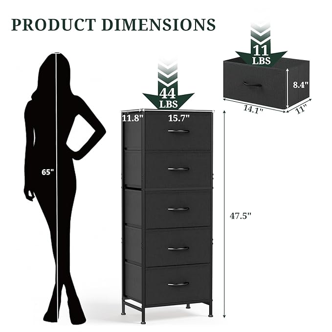 Nightstand, 5 Drawer Dresser End Table Bedside Furniture with Wooden Top Steel Frame Fabric Bins for Bedroom, Closet, Entryway, Dorm, Living Room, Black