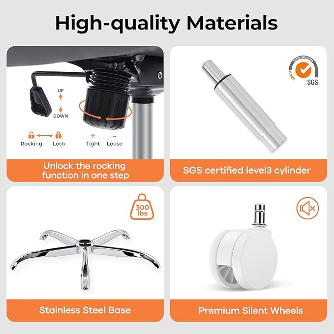 Office Chair Ergonomic Office Chair with Lumbar Support, Head Support, Rocking Function, FILP-up Armrests, Mesh High Back Chair Home Office Desk Chair, Suitable for Home, Office, Grey