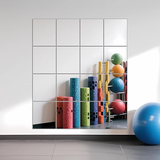 Ruomeng Home Gym Mirrors 14" x 12" x 16Pcs Wall Mounted Mirror Glass Frameless Full Length Mirror Tiles for Home Gym, Bedroom, Door & Bathroom